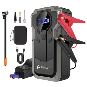 Portable car jump starter and air compressor kit with display, jumper cables, various nozzles, USB charging cable, and carrying case.