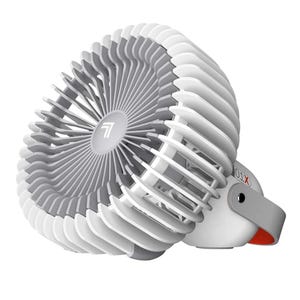 The Sharper Image by Vornado Cordless Fan features a sleek, round design with white and gray blades encased in a protective grill. It has a handle for portability and is designed for efficient, convenient cooling.