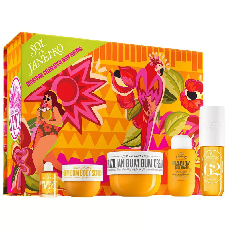 Sol de Janeiro Hydration Body Set includes Brazilian Bum Bum Cream, Bum Bum Body Scrub, Brazilian Play Body Wash, Bum Bum Firmeza Oil, and Cheirosa '62 Body Fragrance Mist. The packaging features vibrant, tropical designs.