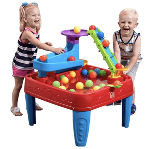 Two children are playing with a colorful plastic water table featuring a ball-themed water activity.