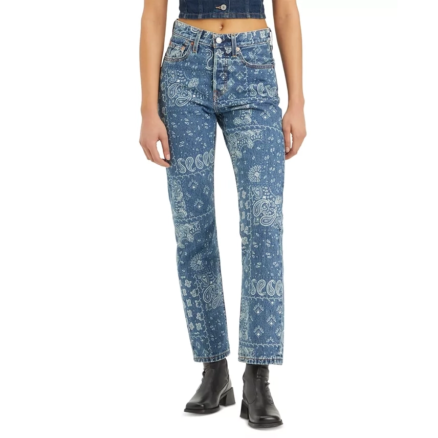 High-waisted Levi's 501 jeans for women featuring a straight-leg cut and a blue paisley bandana print design.