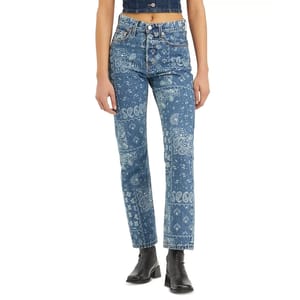 High-waisted Levi's 501 jeans for women featuring a straight-leg cut and a blue paisley bandana print design.