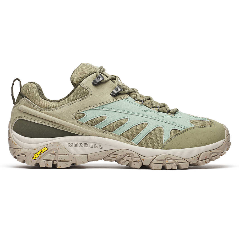 Merrell hiking shoe with Vibram sole, featuring a light green and beige color scheme, designed for outdoor activities.