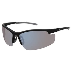 A pair of black-framed sport sunglasses with grey tinted lenses.