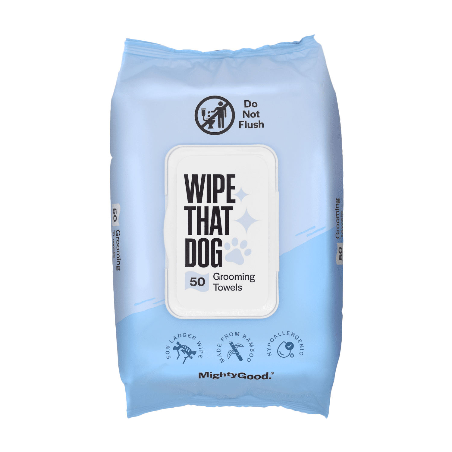 MightyGood Wipe That Dog grooming towels, 50-pack, are hypoallergenic, made from bamboo, and feature 50% larger wipes. Not flushable.