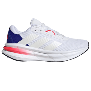 Adidas running shoe featuring a white mesh upper, signature stripes, and a Cloudfoam sole with red and blue accents.