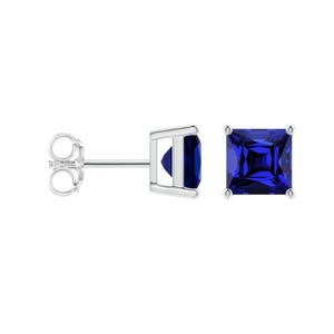 A pair of square-cut blue gemstone stud earrings set in silver-colored metal.
