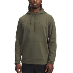 An olive green Under Armour hoodie featuring a large logo on the chest and a patch on the sleeve, designed with long sleeves and a front pocket.