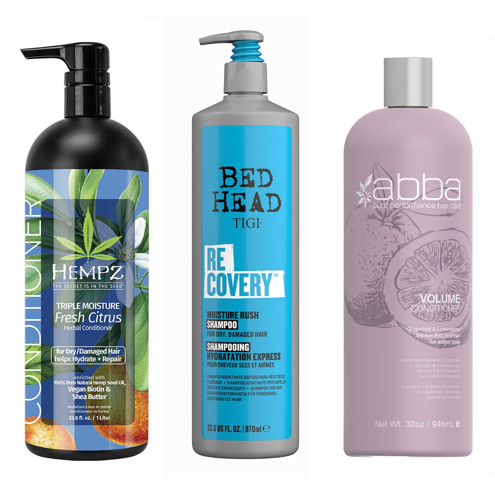 Three hair care bottles: HEMPZ Herbal Conditioner, TIGI Bed Head Recovery Shampoo, and ABBA Volume Conditioner.