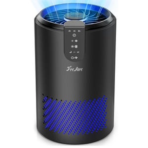 A black FreAire HEPA air purifier featuring a blue-light design, digital display with timer options (2h, 4h, 8h), and various control buttons for light and fan settings.