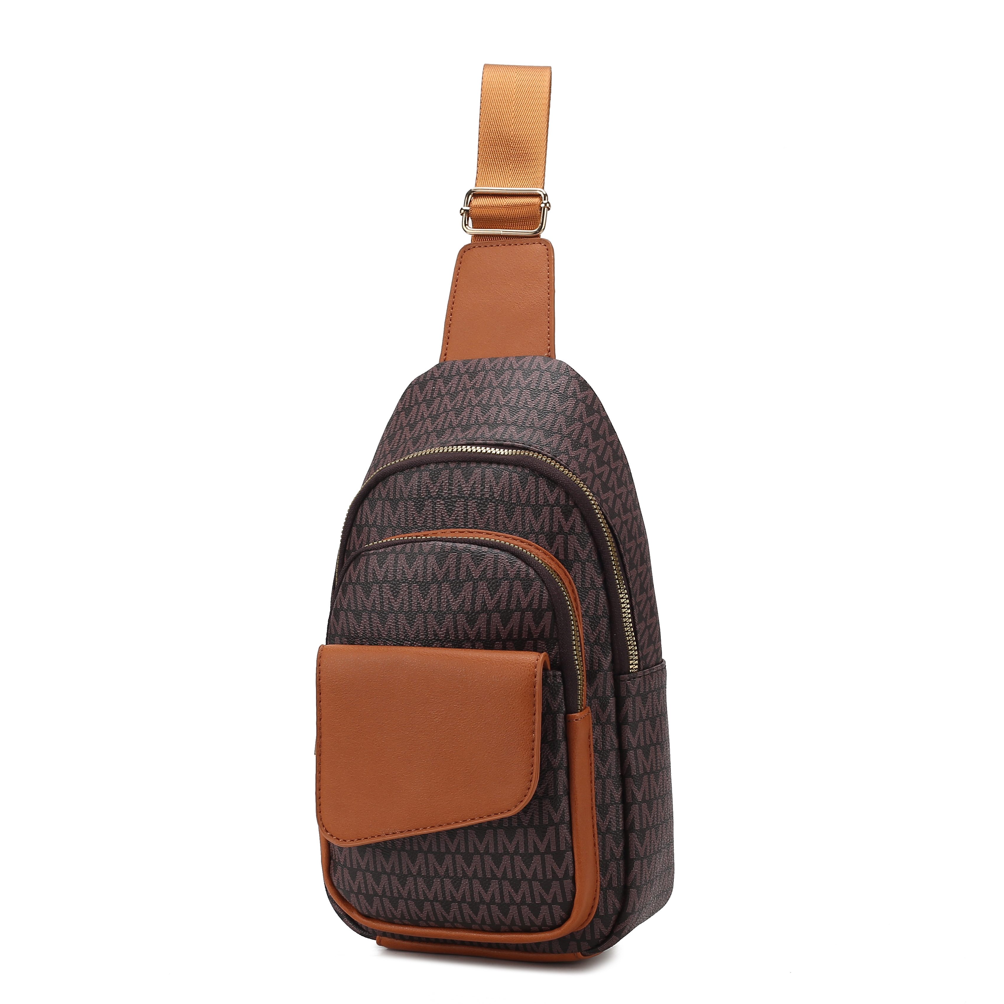 Brown sling backpack with an \“M\“ pattern, featuring multiple zippered compartments and a leather-like front flap pocket.