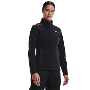 A person wears a black Under Armour jacket with a full zip and stand collar, featuring the brand's logo on the chest.