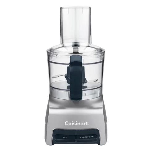 A Cuisinart food processor with a transparent bowl and two black buttons labeled \“On\“ and \“Pulse/Off.\“