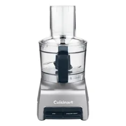 A Cuisinart food processor with a transparent bowl and two black buttons labeled \“On\“ and \“Pulse/Off.\“