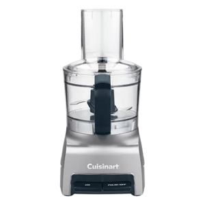 A Cuisinart food processor with a transparent bowl and two black buttons labeled \“On\“ and \“Pulse/Off.\“