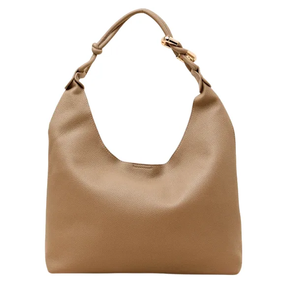 Beige leather hobo bag with a slouchy design, featuring a knotted handle and gold-tone buckle detail.