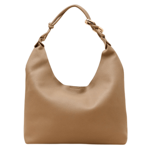 Beige leather hobo bag with a slouchy design, featuring a knotted handle and gold-tone buckle detail.