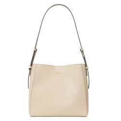 A beige leather tote bag with an adjustable shoulder strap and subtle gold logo on the front.