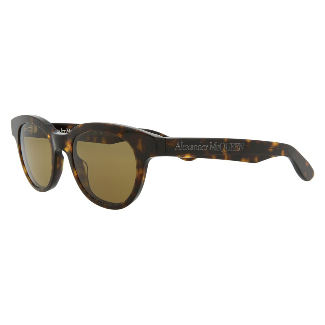 Tortoiseshell Alexander McQueen sunglasses with brown tinted lenses, featuring a classic rounded frame and the brand's logo embossed on the arms.