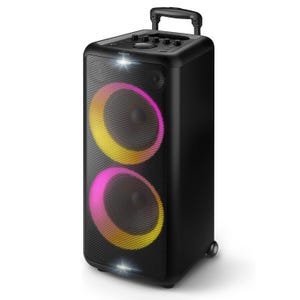 Philips Party Speaker with colorful LED lights, dual circular drivers, control knobs on top, and a wheeled trolley handle for portability.