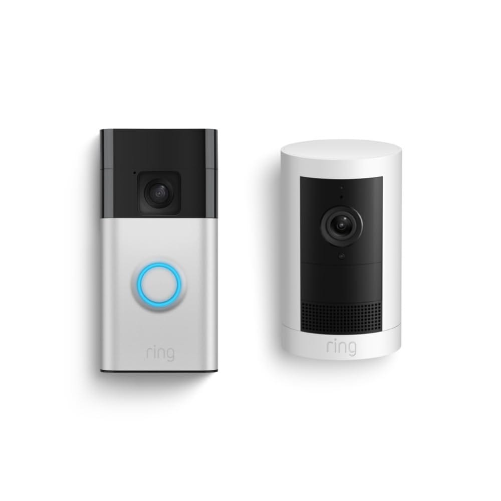 Two Ring devices are shown: a video doorbell with a blue-lit button on the left and an indoor security camera on the right.
