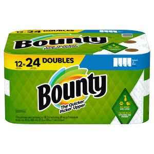 Bounty 12-roll pack of double-roll paper towels, featuring \“The Quicker Picker Upper\“ slogan, with Select-A-Size sheets and a 12=24 rolls claim, promoting efficient, reduced usage for cleaning.