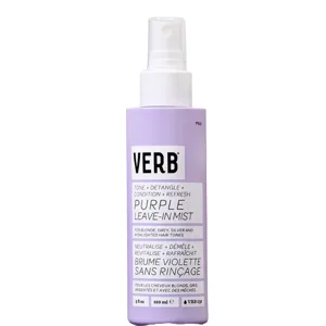 Verb Purple Leave-In Mist, a 120 ml spray for toning, detangling, conditioning, and refreshing blonde, grey, silver, and highlighted hair.
