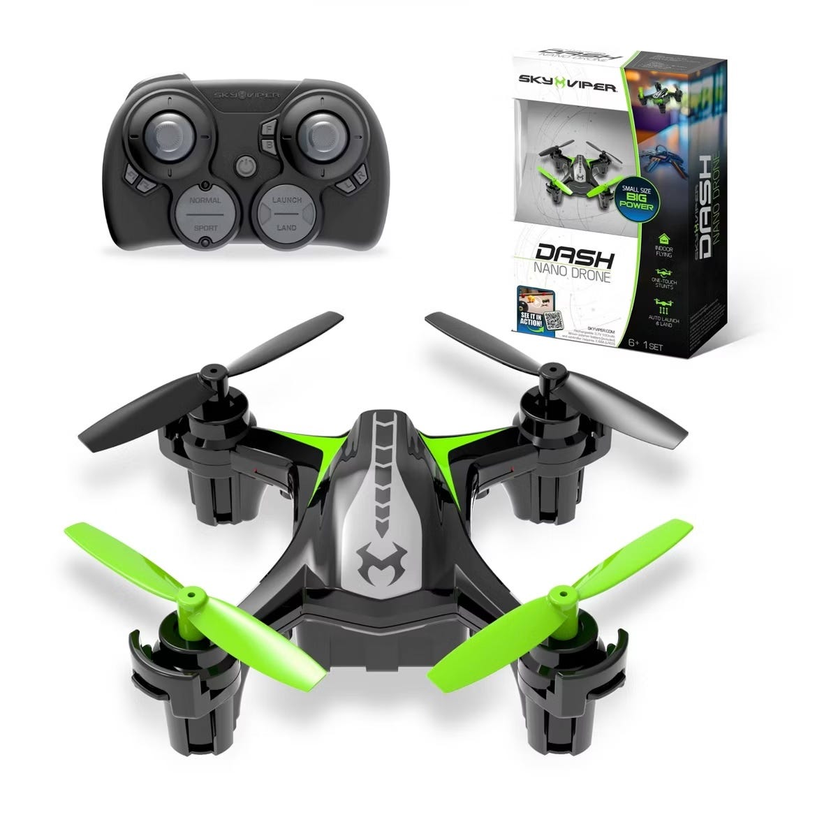 Sky Viper Dash Nano Drone with a remote control, featuring black and green design, suitable for ages 6 and up.
