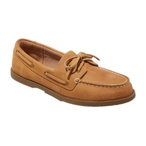 Tan leather boat shoe with white stitching, featuring a moccasin-style upper, a lace-up front, and decorative lacing around the sides.
