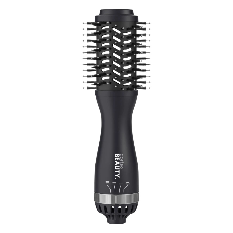 A black cylindrical hair styling tool with a round brush head and adjustable settings on the handle, branded \“Cortex Beauty\“.