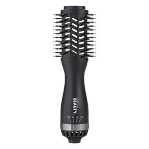 A black cylindrical hair styling tool with a round brush head and adjustable settings on the handle, branded \“Cortex Beauty\“.
