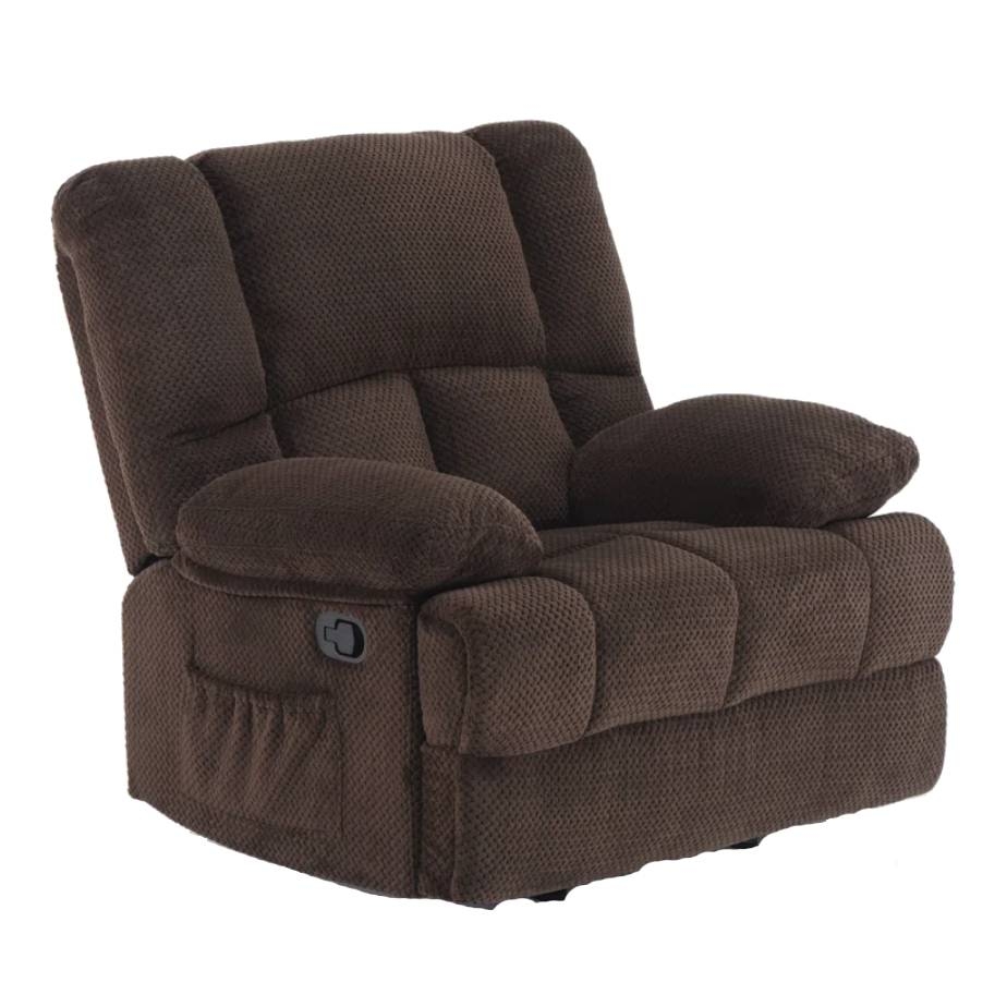 A plush, brown upholstered recliner with a cushioned back and armrests, featuring a side handle for reclining. The fabric has a textured pattern for added comfort and style.