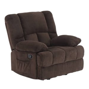 A plush, brown upholstered recliner with a cushioned back and armrests, featuring a side handle for reclining. The fabric has a textured pattern for added comfort and style.