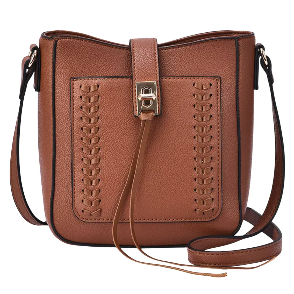 Brown leather crossbody bag with a front pocket, decorative stitching, and a gold-tone buckle closure.