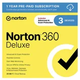 Norton 360 Deluxe offers a 1-year pre-paid subscription for 3 devices, featuring advanced AI scam protection, parental controls, dark web monitoring, a secure VPN, virus and malware protection, and 25 GB PC cloud backup.