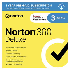 Norton 360 Deluxe offers a 1-year pre-paid subscription for 3 devices, featuring advanced AI scam protection, parental controls, dark web monitoring, a secure VPN, virus and malware protection, and 25 GB PC cloud backup.
