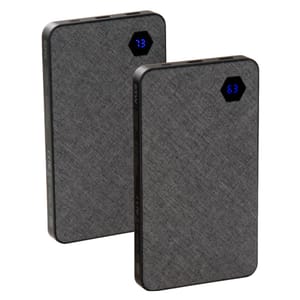 Two portable power banks with a fabric texture and digital displays showing battery percentages.