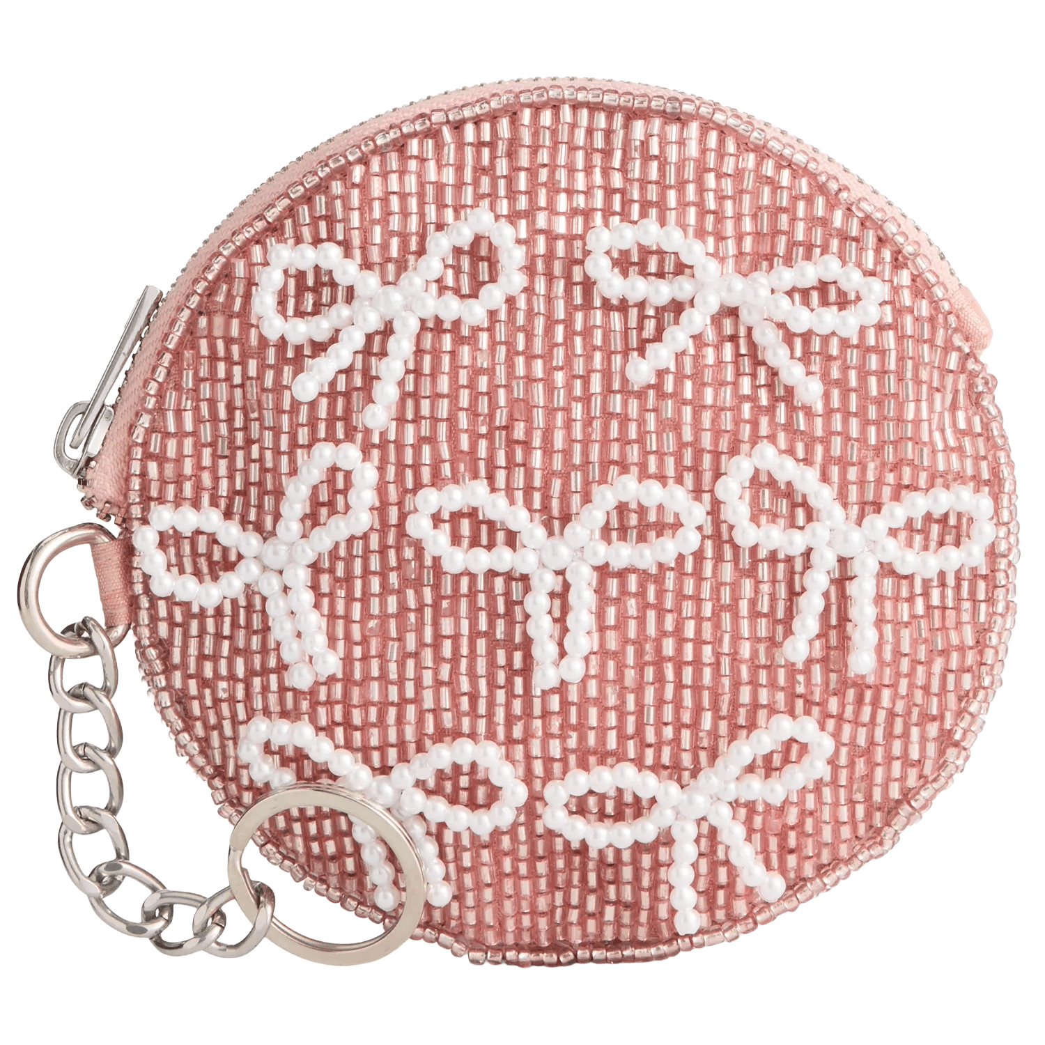 Round pink coin purse adorned with white beads shaped like bows, featuring a zipper closure and a metal keychain attachment.