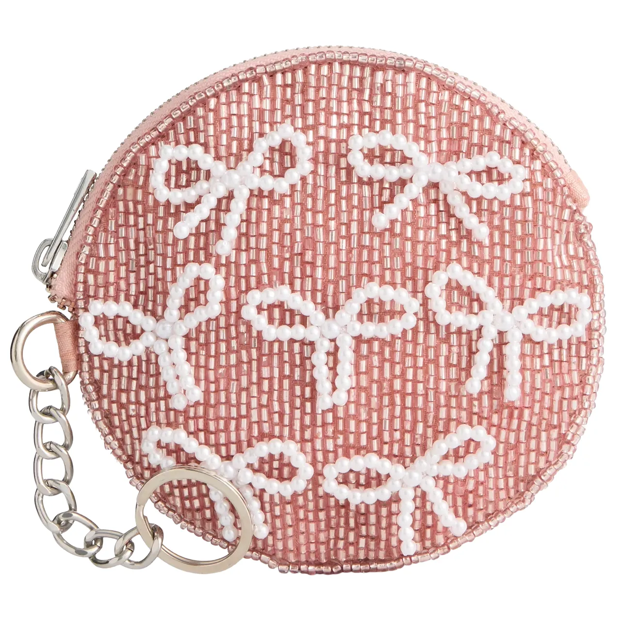 Round pink coin purse adorned with white beads shaped like bows, featuring a zipper closure and a metal keychain attachment.