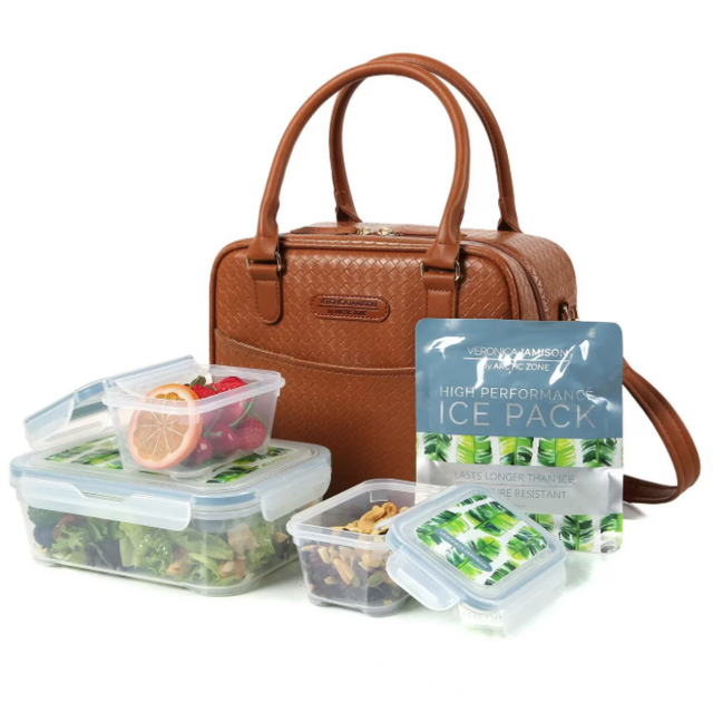 Lunch set includes a brown handbag-style cooler, three food containers filled with salad, strawberries, and nuts, and a high-performance ice pack.