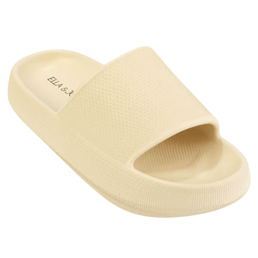 A beige open-toe slide sandal with a textured strap and cushioned sole, featuring a simple and minimalist design.