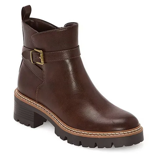 A brown leather ankle boot featuring a buckle detail, thick sole, and block heel.