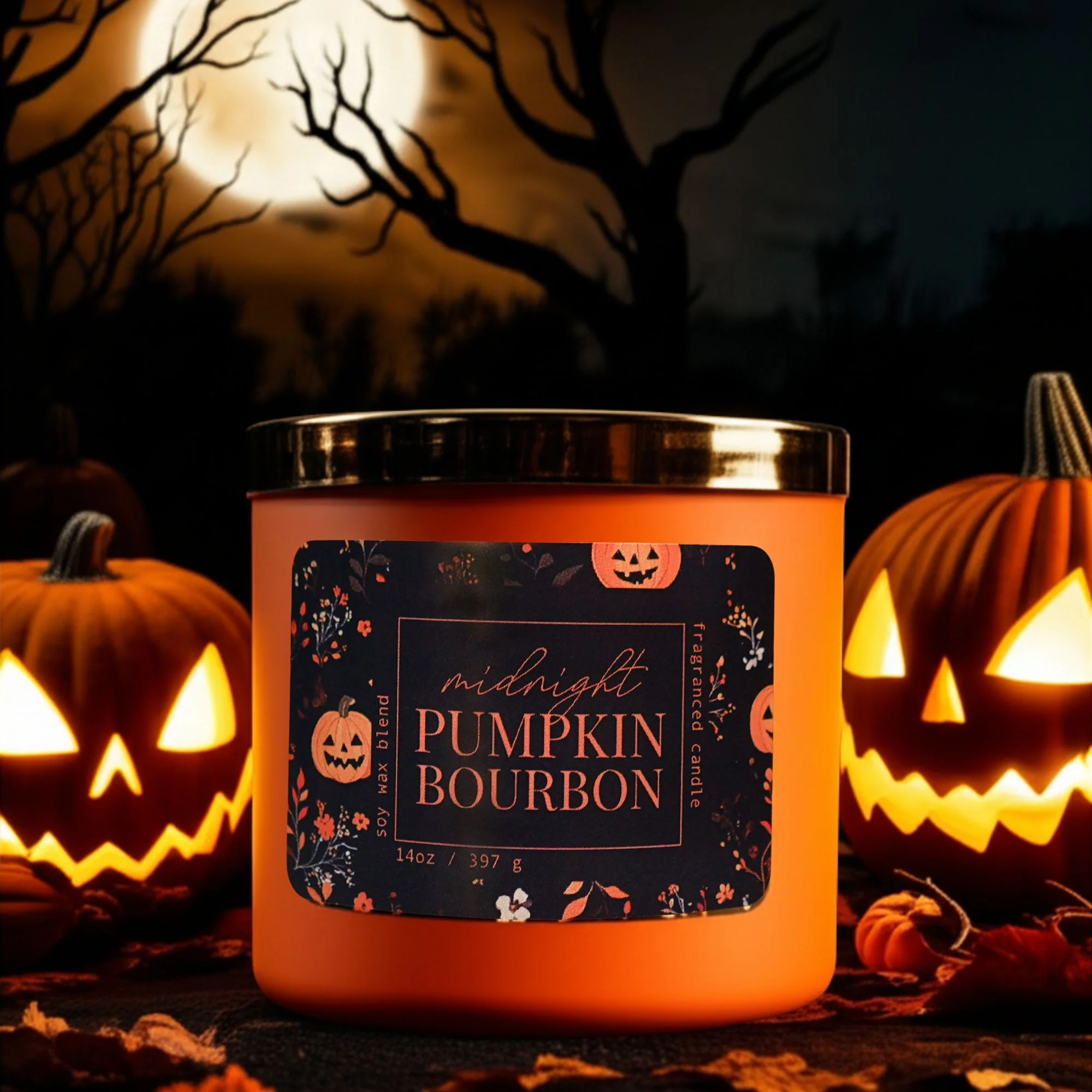 A \“Midnight Pumpkin Bourbon\“ scented candle sits among jack-o'-lanterns under a full moon, capturing a spooky Halloween ambiance.