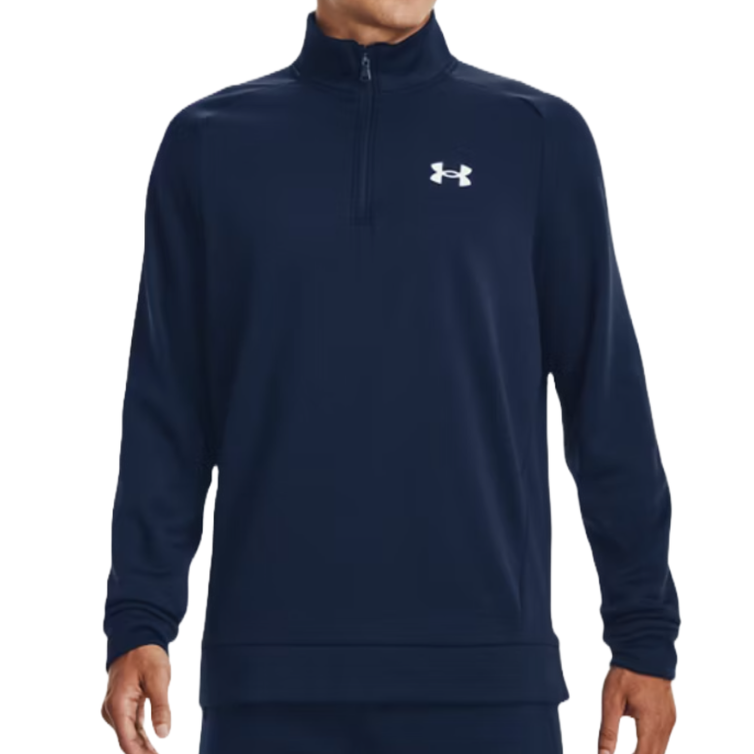 Under Armour Fleece Quarter-Zip features a navy color, a quarter-zip front, and the Under Armour logo on the chest, designed for lightweight warmth and comfort with a fitted style and long sleeves.