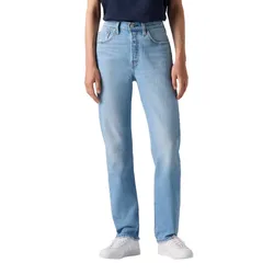 A person wearing light blue straight-leg jeans, a dark shirt, and white sneakers.