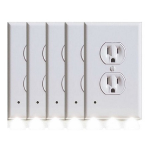 A set of outlet covers with built-in LED night lights at the bottom, designed to provide illumination without needing additional plug-in night lights.
