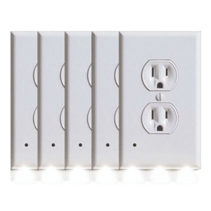 A set of outlet covers with built-in LED night lights at the bottom, designed to provide illumination without needing additional plug-in night lights.