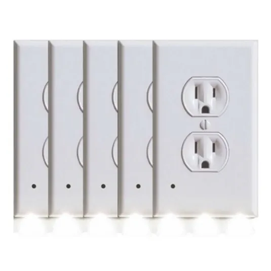 A set of outlet covers with built-in LED night lights at the bottom, designed to provide illumination without needing additional plug-in night lights.