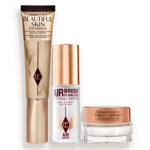 Charlotte's Beautiful Skin Foundation, Airbrush Flawless Setting Spray, and Charlotte's Magic Cream are shown.