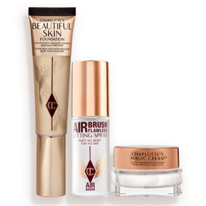 Charlotte's Beautiful Skin Foundation, Airbrush Flawless Setting Spray, and Charlotte's Magic Cream are shown.